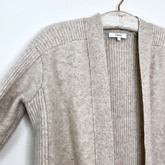 VINCE Womens Cashmere Wool Open Cardigan Ribbed Back & Sleeves Small Oat Sweater - Picture 2 of 5